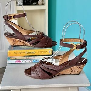Chloe Strappy Leather Cork Wedge Slingback Sandals (6.5 US / EU 37.5)